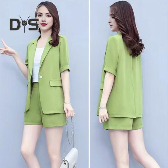 2 Piece Women Casual Outfit Lapel Short Sleeve Blazer Shorts Solid Color OL Style Single Button Blazer Shorts Set Elegant Office Suit