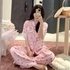 Ice silk pajamas women's spring and autumn striped love lace loose loungewear suit can be worn outside, spring and autumn can be worn outside