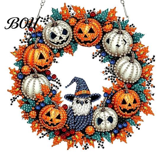 Seasonal Home Decor Fall Pumpkin Sunflower Wreath Hanging Decor, Acrylic Hand Painted Decorative Holiday Accent Window Ornament, Thanksgiving