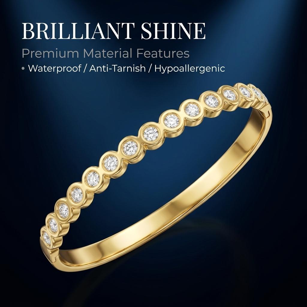 Gold Color Snap-on Circular Zircon Bangle, Stainless Steel Bracelet for Women, Fashion Jewelry Gift 60mm