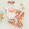 Baby Girls Summer Casual Outfit Sets White Short Sleeve Letter Print Romper + Floral Flared Pants + Headband