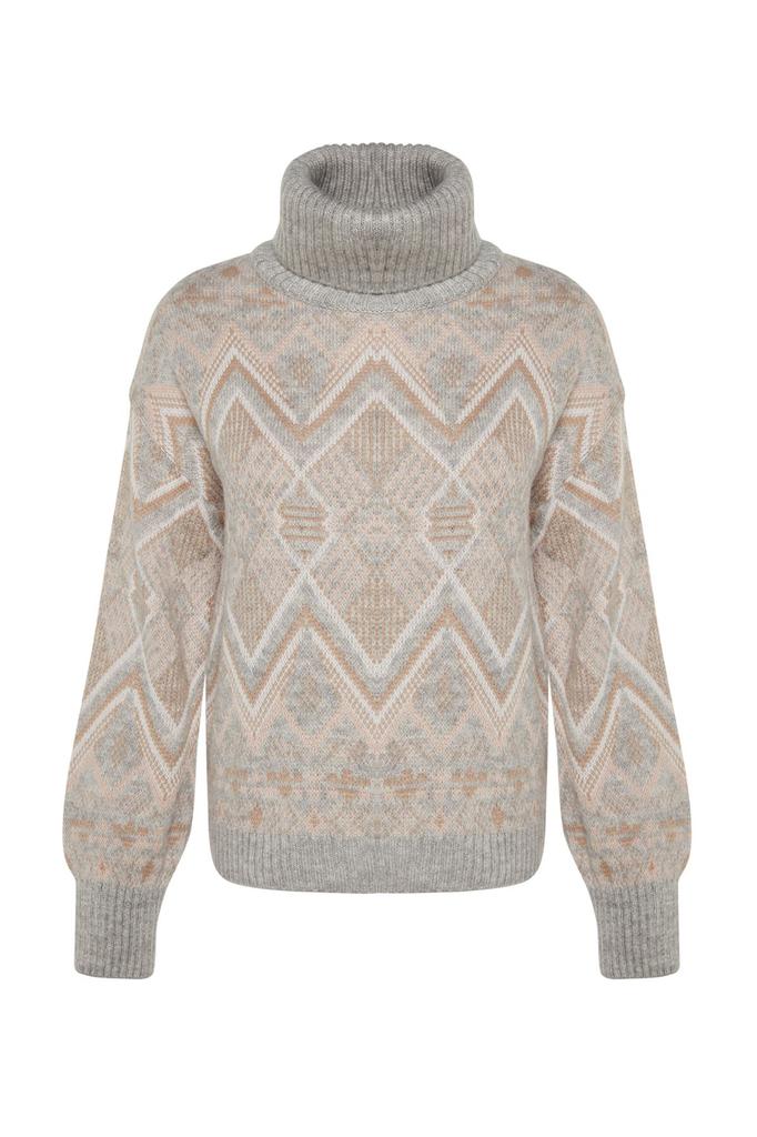 Women's Fashion New Sweater Gray Self-Patterned Knitwear Sweater