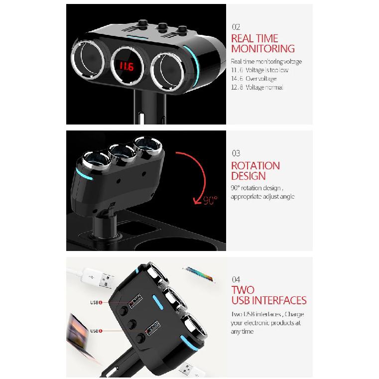 Dual USB Port 3 Way Auto Car Cigarette Lighter Socket Splitter Charger Plug Adapter DC 5V 1A+2.1A for All Phone PC Ipad