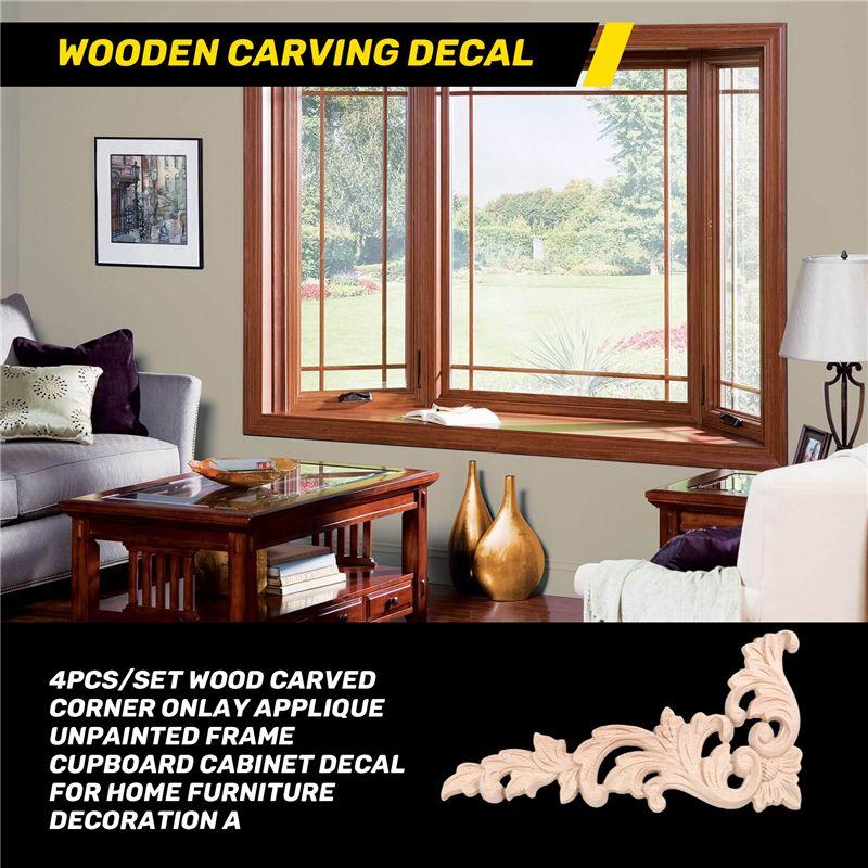 AEE4-4Pcs/Set Wood Carved Corner Onlay Applique Unpainted Frame Cupboard Cabinet Decal For Home Furniture Decoration