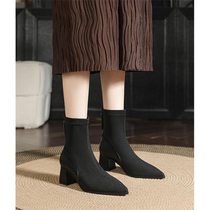 Тонкие остроносые сапоги на высоком каблуке 2024 года, новые женские сапоги на среднем каблуке, осенне-зимние сапоги средней высоты, модные сапоги на толстом каблуке, французские короткие сапоги