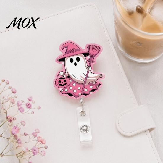 Smooth Retractable Cord Reel Halloween Ghost Badge Reel, Glitter Acrylic Holder Clip, Cute Pink Clear ID Name for Women Nurse Teacher Medical