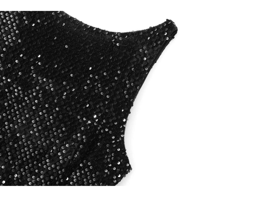 Y2K Winter Black Sequin Mini Dress with Shoulder Pads - Sleeveless Evening Wear