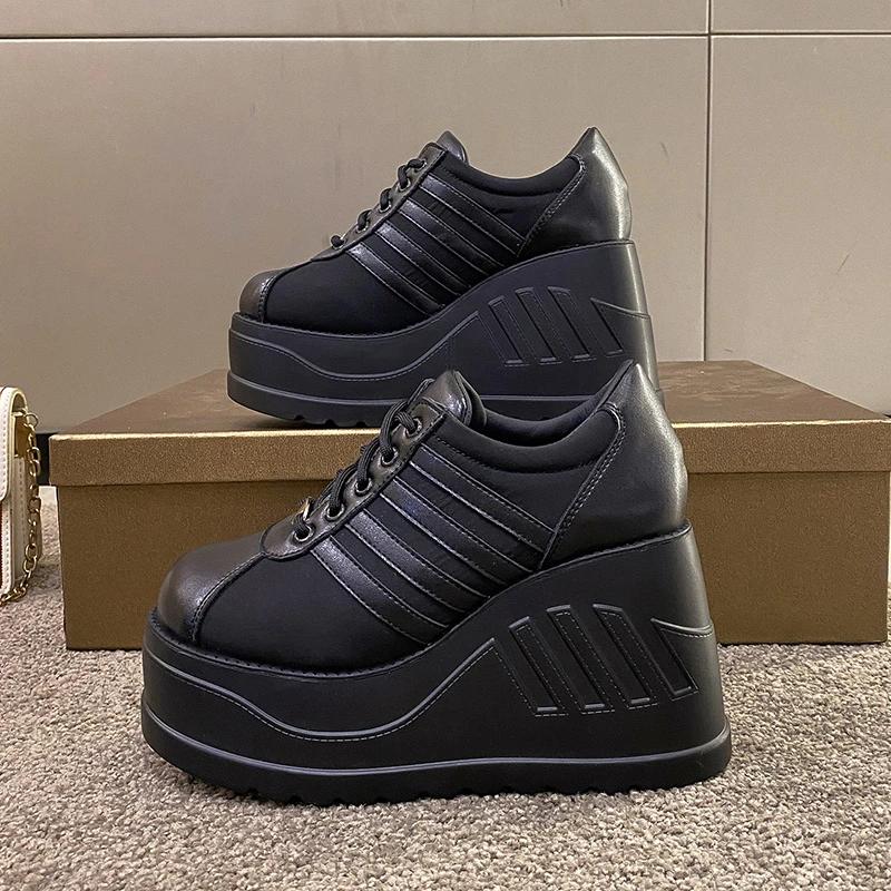 Мода 2025 Белая обувь Женская Шнуровка Искусственная кожа Танкетка Высокий каблук Туфли Женские Дышащие Массивная платформа Модные Кроссовки Размер 42