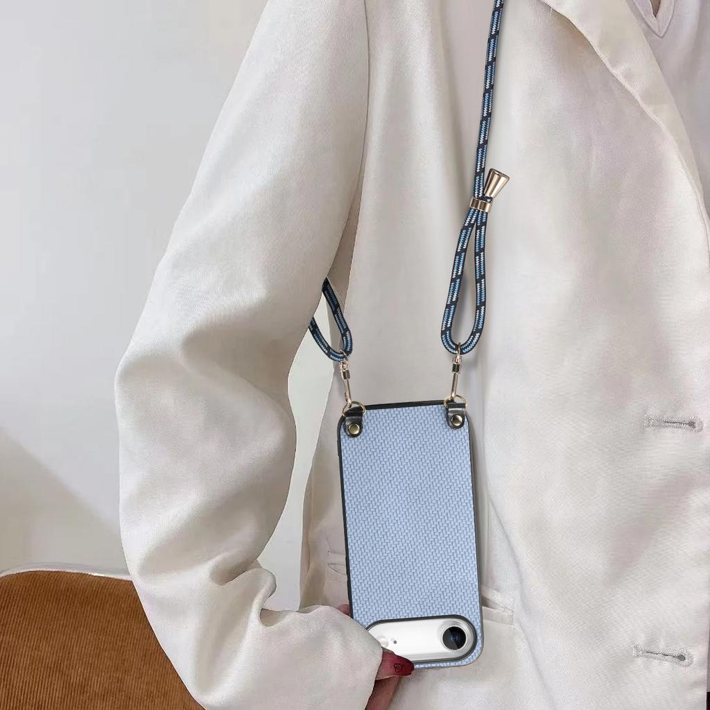 For iPhone Air Case Carbon Fiber Texture PU+PC+TPU Anti Drop Phone Cover with Crossbody Lanyard