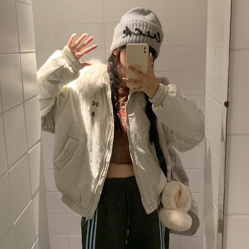 Real shot American retro fur collar hooded cotton clothes women's winter design sense thickened warm pie overcome cotton coat