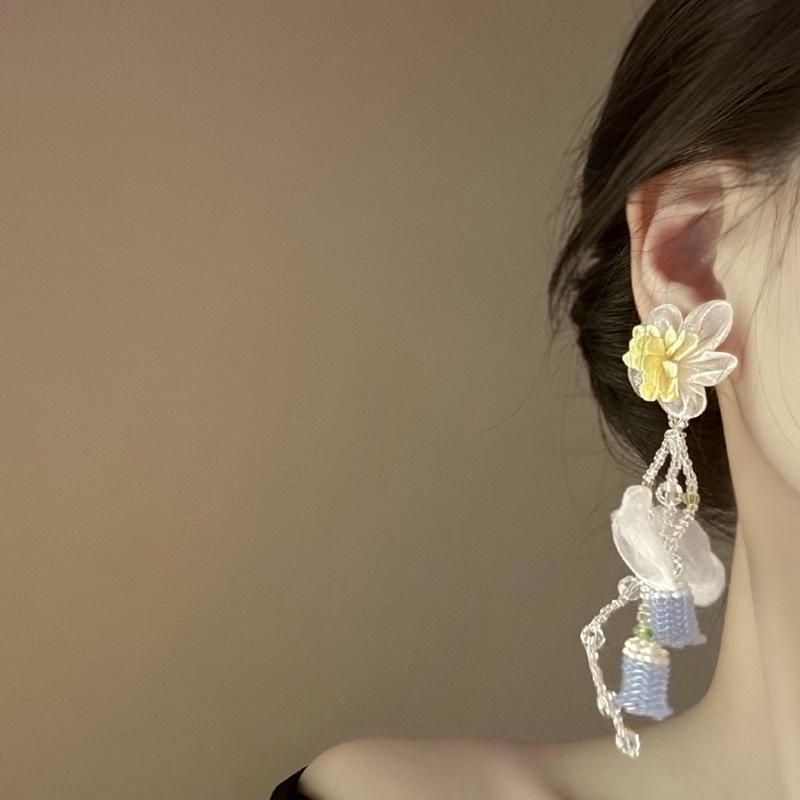 Серебряная игла шифон стекло рисовая бусина ландыш бахрома серьги серьги в стиле лесной феи серьги в стиле приморского отпуска
