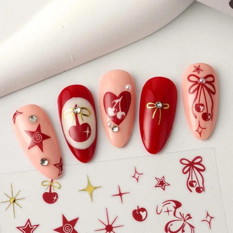 1pc Cherry Bow Nail Sticker Y2K Style 3D Sweet & Cool Nail Art with Hearts & Stars for DIY Nails