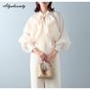 Korean Fashion Spring Autumn Women Stylish Blouse Bow Collar Apricot Black Lantern Sleeve Office Lady Shirt Elegant Ladies' Feminine Shirt