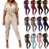 Women's Fashion Summer Casual Lapel Lace-up Printed Belt Short Sleeve Work Jumpsuit