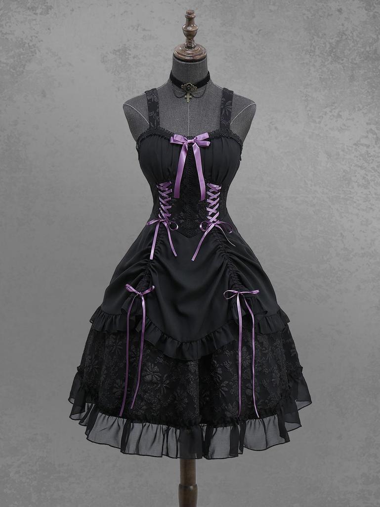 Платье-майка трапециевидной формы Rosegal Gothic Daisy Flower с бантом, шнуровкой, оборками, присборенной шифоновой отделкой