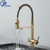 Смеситель для кухни с золотым покрытием, выдвижной кран с фильтром, двойной излив, латунный кран с двумя ручками, смеситель для горячей и холодной воды, крепление на палубе