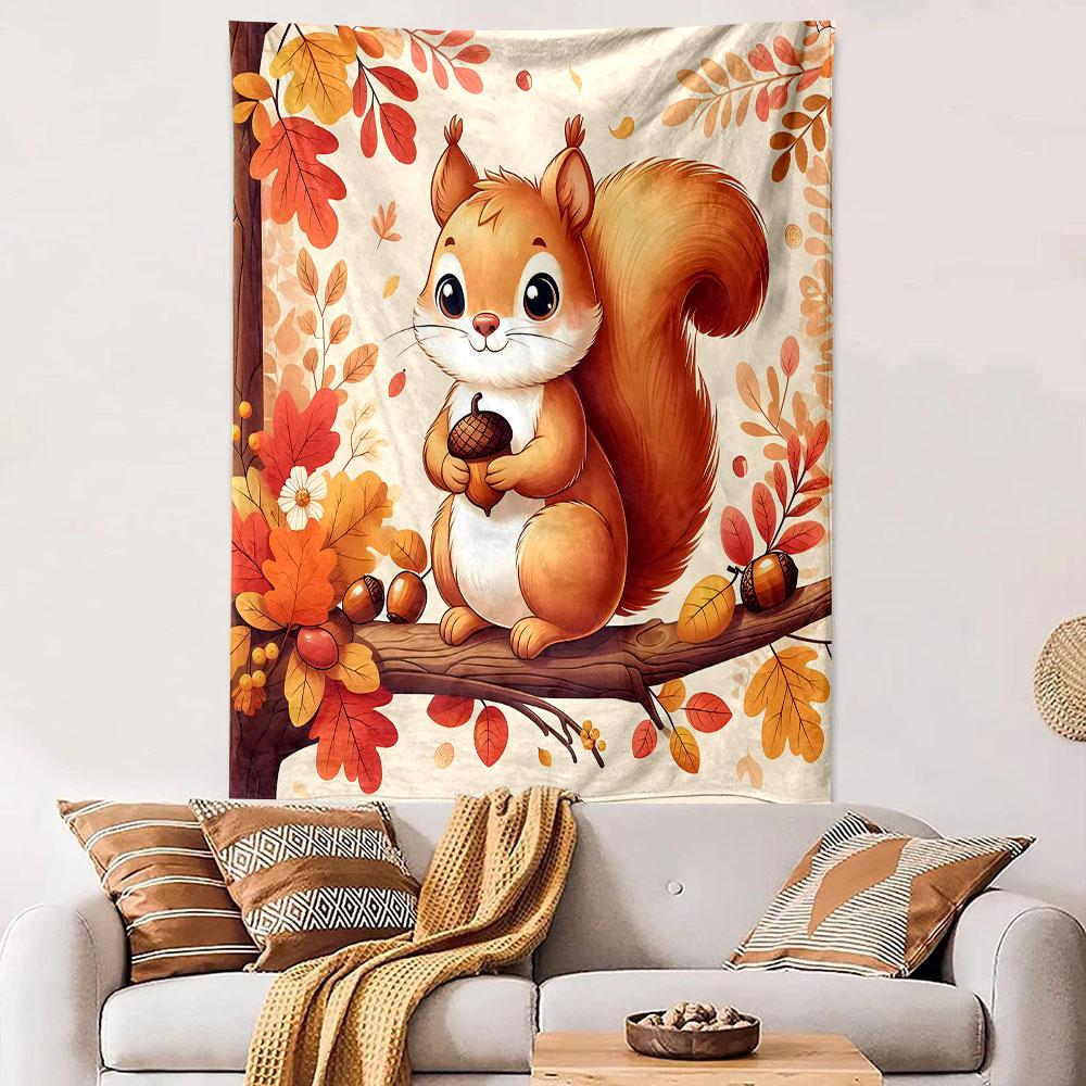 Cute Squirrel with Acorn - Autumn Theme Patterned Tapestry Decorative Wall Hanging, Home Bedroom Living Room Decor