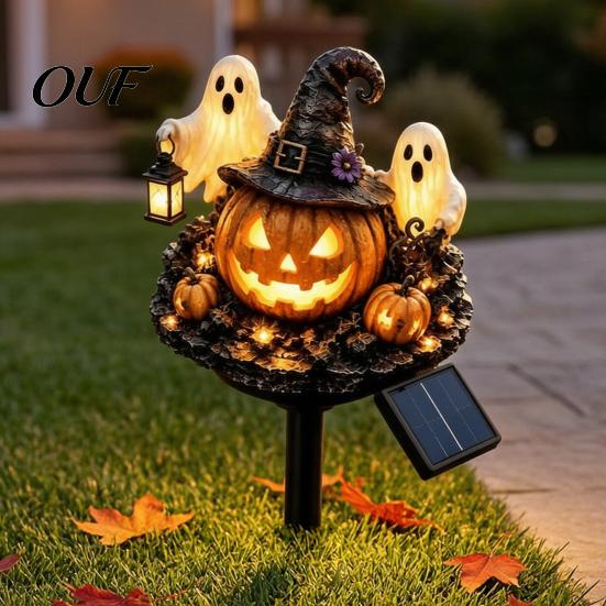 Halloween Pumpkin Lantern Solar Garden Stake Light, Waterproof LED Yard Decoration with Automatic Dusk to Dawn Light Wizard Hat And Ghost, Outdoor
