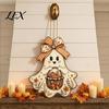 Retro Floral Ghost Decoration Cute Bow Hanging Sign, Rustic Door Sign with Pumpkin Pastoral Autumn Hanger Basket, Vintage Halloween Wooden Pendant for
