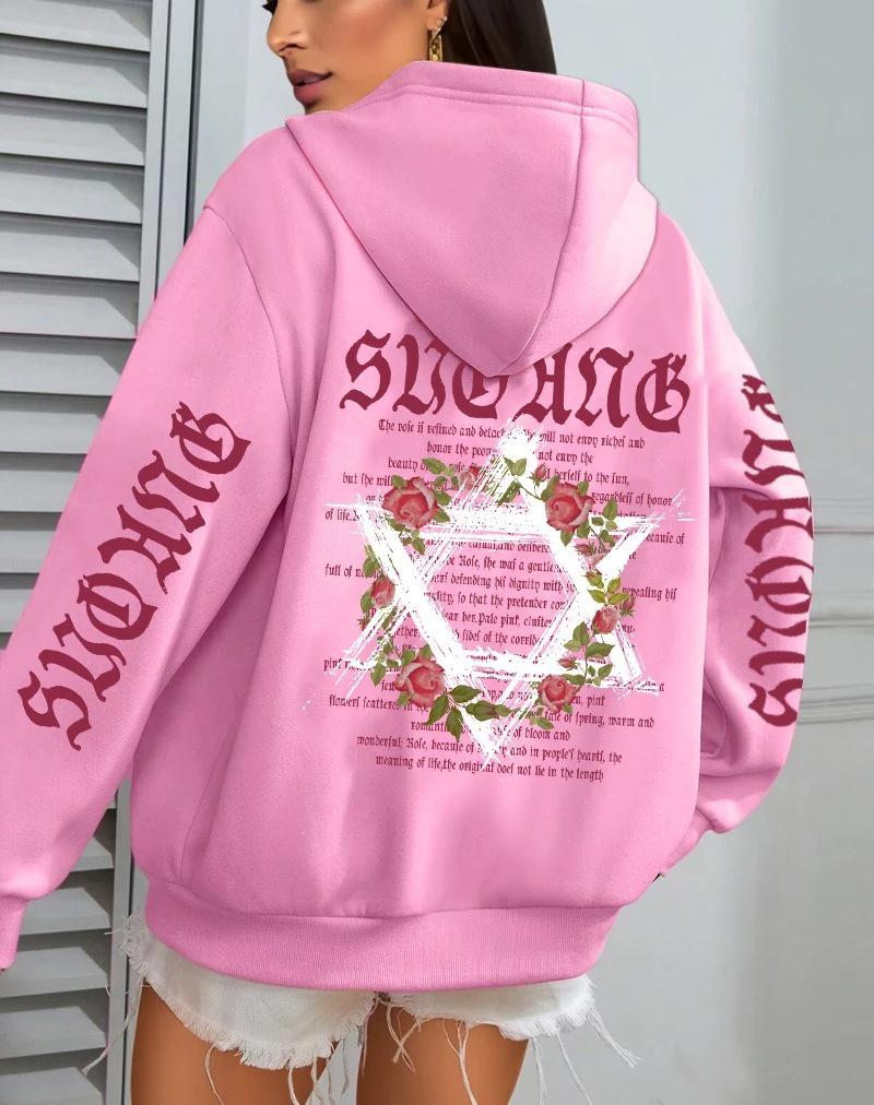Women's Autumn Loose Fit Fleece Hoodie with Art Print and Pockets