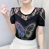Summer New Sexy Off Shoulder Lace T-Shirt Women's Shiny Butterfly Hot Diamonds Designer Tops Elegant Slim Female Tees