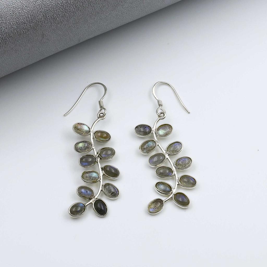 Серьги из стерлингового серебра 925 пробы, серьги с лабрадоритом, серьги с драгоценными камнями, висячие серьги, серьги с камнями по месяцу рождения, серьги в виде листьев