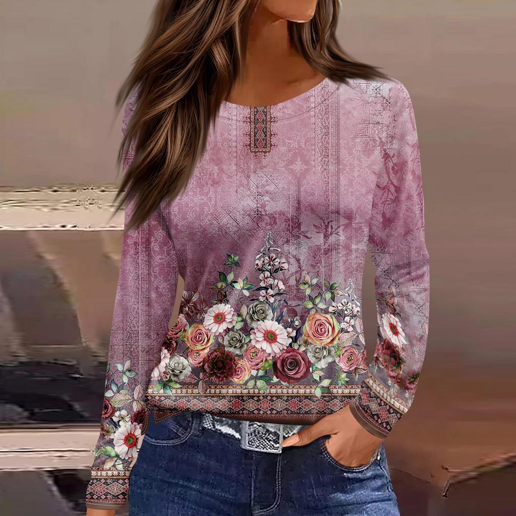 Women's Fashion Casual Slit Hem Round Neck Long Sleeve Loose  Printed T-Shirt Ladies Top