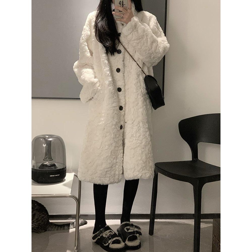 Пальто из овечьей шерсти, женское длинное пальто выше колена, утолщенный мех, свободный воротник-стойка, теплая повседневная стеганая куртка