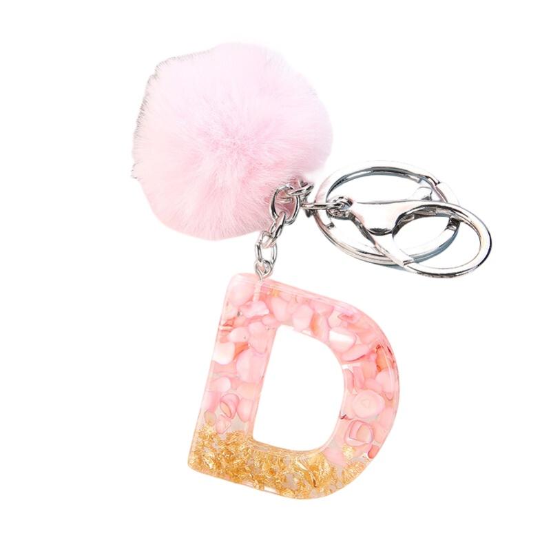 Stylish Keychain With Fluffy Ball And Gold Foil Letters Car Bag Pendant