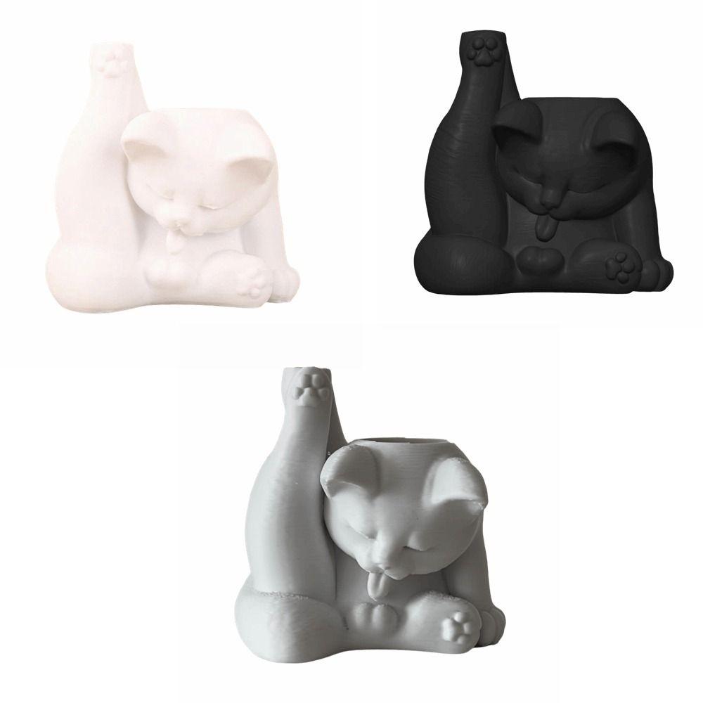 Funny Makeup Brush Holder 3D Printed Desk Storage Box Licking Paw Cat Statue  Stationery Storage