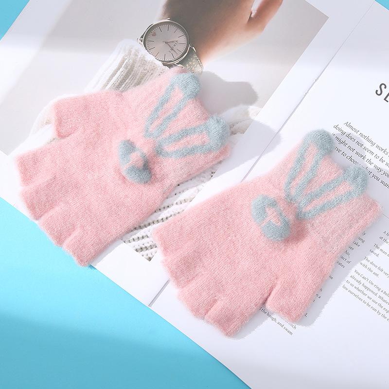 Мультяшные перчатки без пальцев, перчатки с зайчиками, полупальцевые перчатки, женские утолщенные зимние теплые перчатки, полупальцевые перчатки для студентов