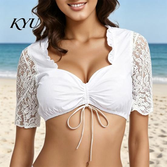 Party Festive Apparel Lace Sleeve Crop Shirt for Women, Ruffle Short Beer Festival Outfit Cropped Top, German Dirndl Blouse Bavarian Oktoberfest