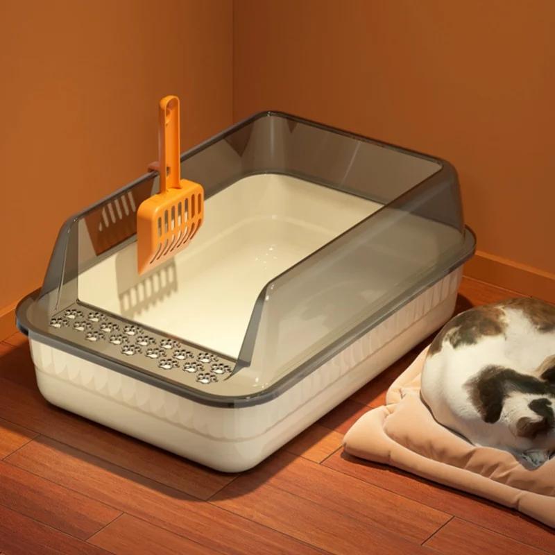 Semi-enclosed Cat Litter Box Large Capacity Cat Bedpans Anti-Spill & Sand-Leakage Pet Toilet Plastic Cat Sandbox Sanitary Tray