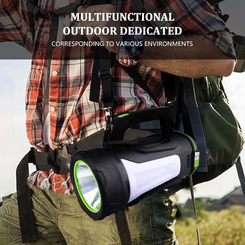 Мощный перезаряжаемый прожектор, светодиодный фонарик IPX6, водонепроницаемый с задним фонарем, яркий прожектор с ручкой для поиска в кемпинге