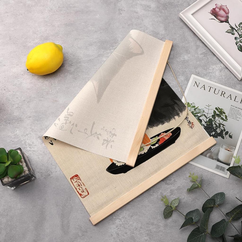 4 Pcs Vintage Japanese Cat Wall Art Hanging Banner, Japanese Noodle Sushi Linen Banner Poster Hanger Wall Decor for Home Kitchen Dining Room Wall