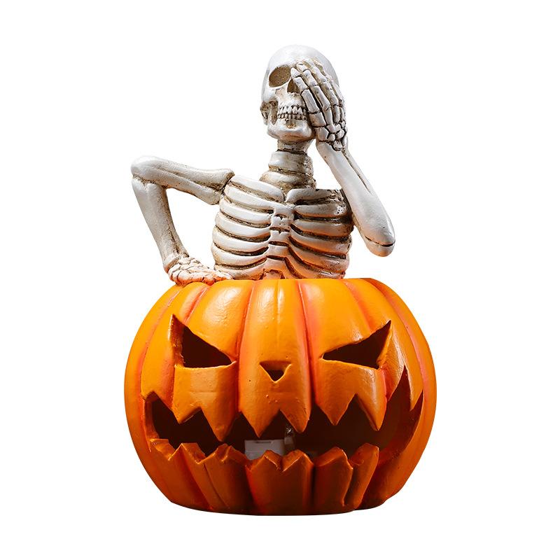 Halloween Pumpkin Skeleton Figurine Spooky Ghost Festival Skull with LED Lights Resin Crafts Sculpture Home Office Desktop