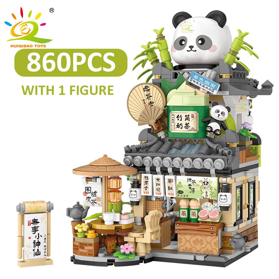HUIQIBAO City Mini Street View Panda Tea House Модель Строительные блоки DIY Маленький медведь Кофейня Кирпичи Игрушки для детей и взрослых