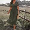 Women's Dresses Summer Solid Color V-neck Flared Sleeve Elastic Waist Slit Long Dress