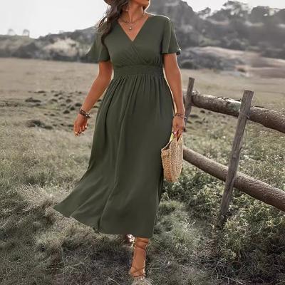 Женские платья летние однотонные с V-образным вырезом, расклешенными рукавами, эластичным поясом и разрезом, длинное платье
