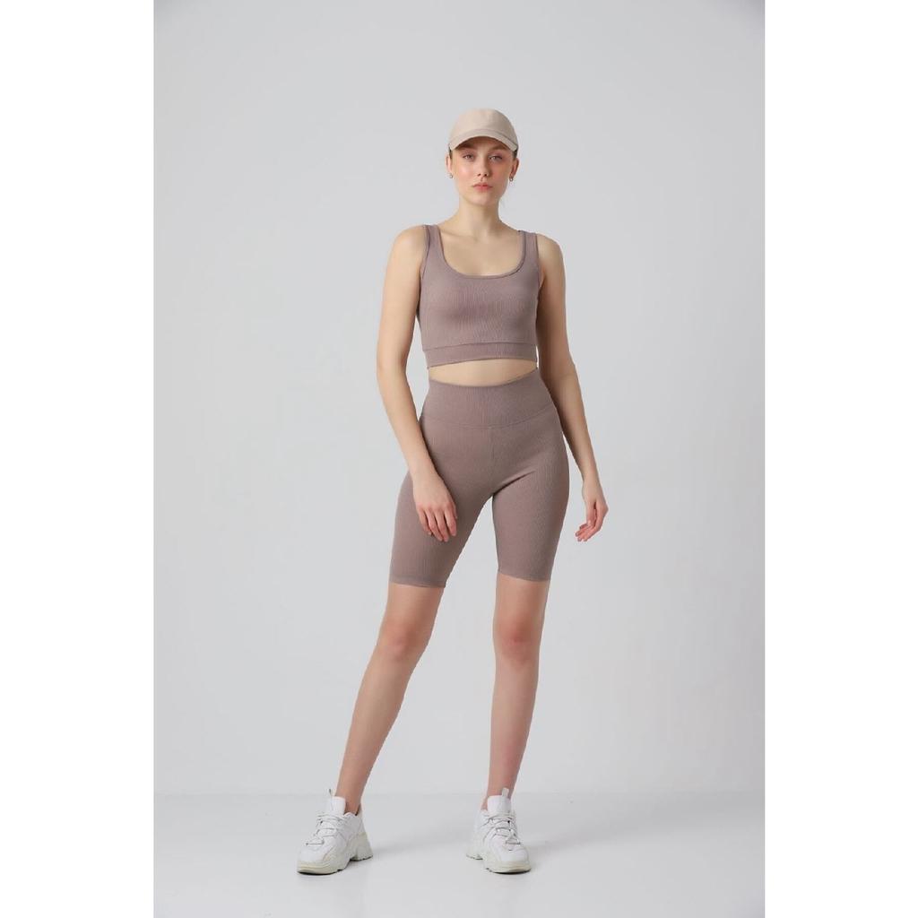 Black Comfortable Flexible Ribbed Sports Bra - Biker Tights Set