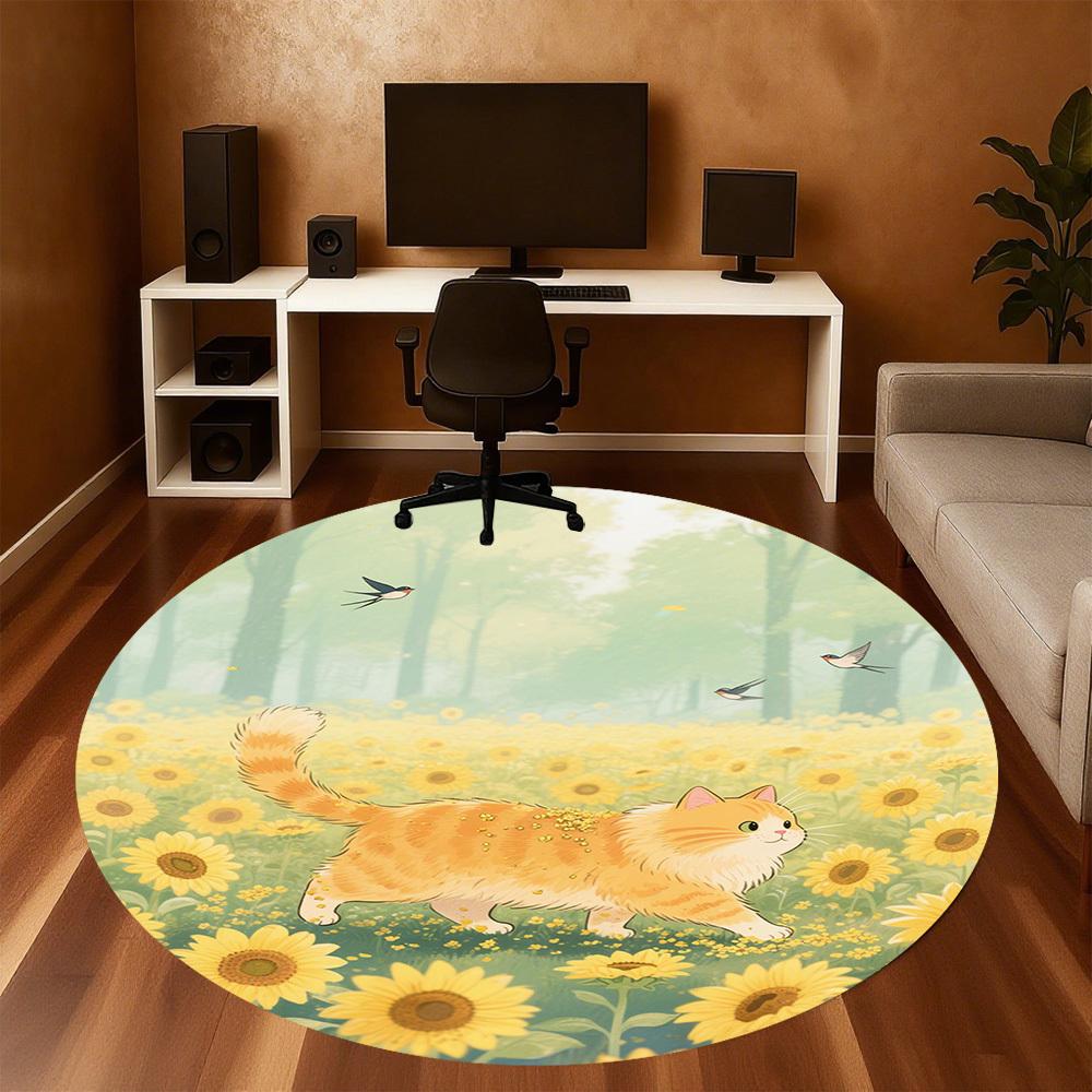 1PC Sunflower Cat Forest Round Chair mat Area Rug - Non-Slip, Floor Mat for Office, Bedroom, home decor Christmas Gift c0528014