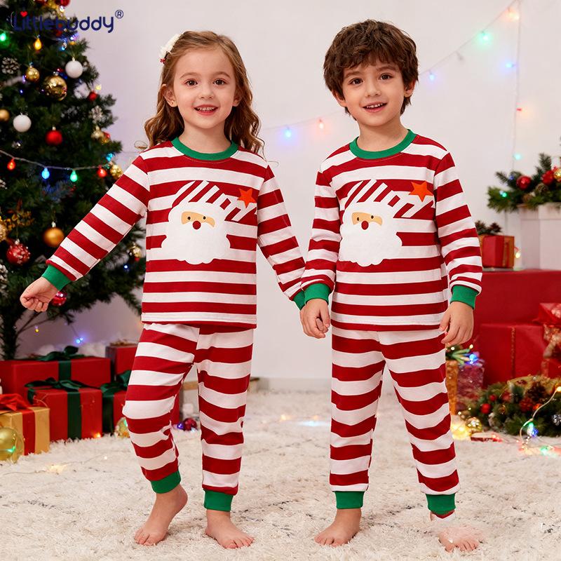 2025 Girls Christmas Santa Cotton Pajama Set Long Sleeve Crew Neck Thermal Underwear Kids Lounge Wear