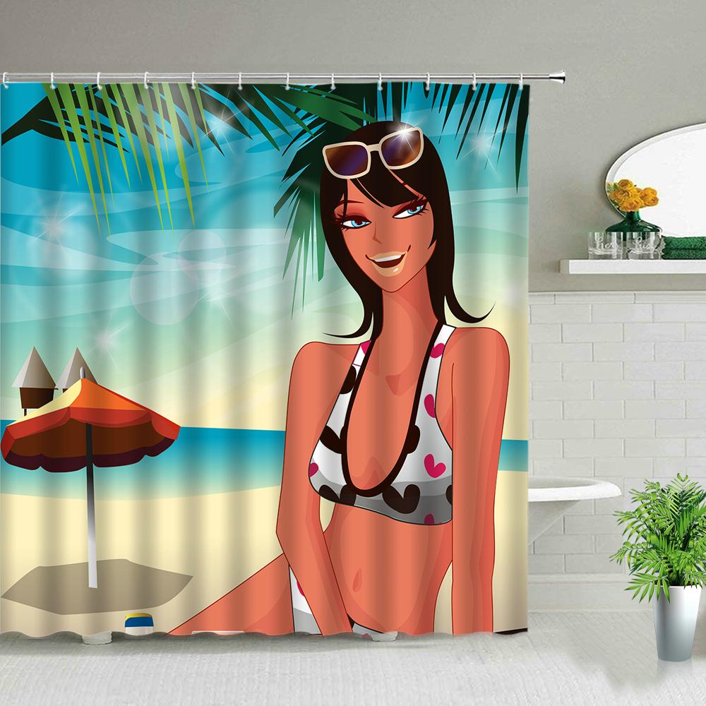 Солнечный свет Пляжная девушка Пальма Доска для серфинга Пейзаж Шторки для душа Сексуальная женщина 3D-принт Шикарная занавеска Декор для ванной комнаты С крючками
