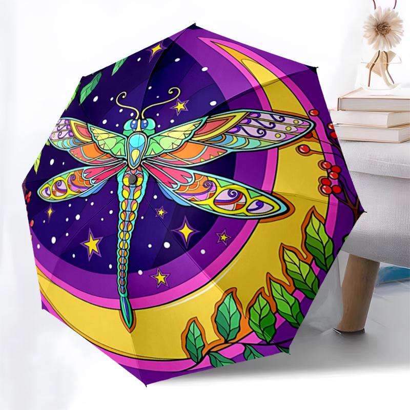 Colorful Dragonfly Moon Phase Automatic Opening Umbrella - Portable Folding Design with 8-Bone Iron Frame, Perfect for Outdoor Use, Festive