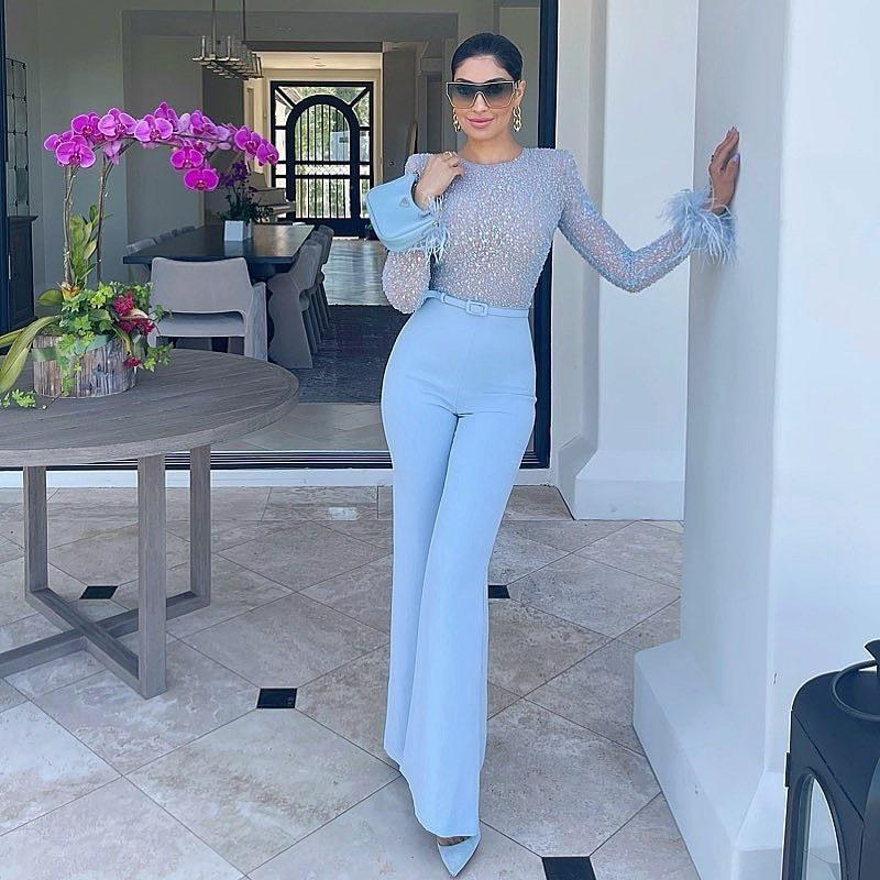 Женский повседневный комбинезон с длинным рукавом и отделкой перьями - Европейская и американская мода