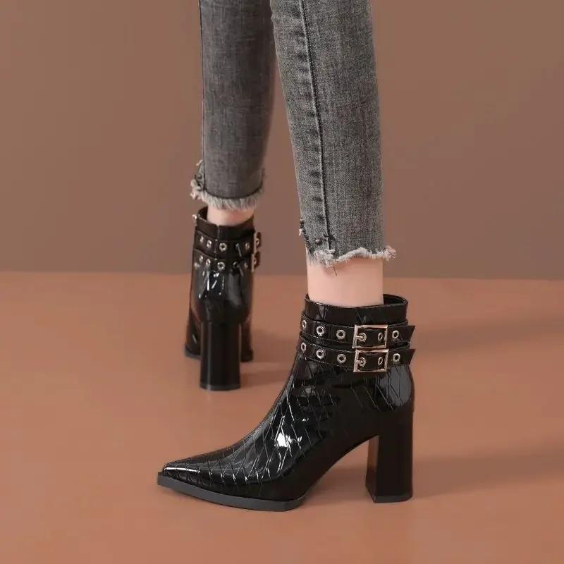 Модные женские модные ботинки 2024 Весна/Осень/Зима Новая корейская мода Острый носок Высокий каблук Толстый каблук Короткие ботинки