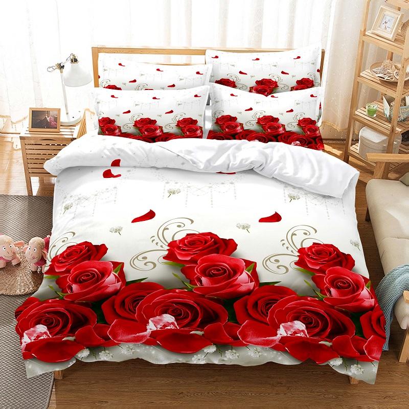Red Rose Bed Linen Set Duvet Cover 3D Bed Linen Digital Printing Bed Bed Linen Queen Size Bed Linen Set Fashion Design
