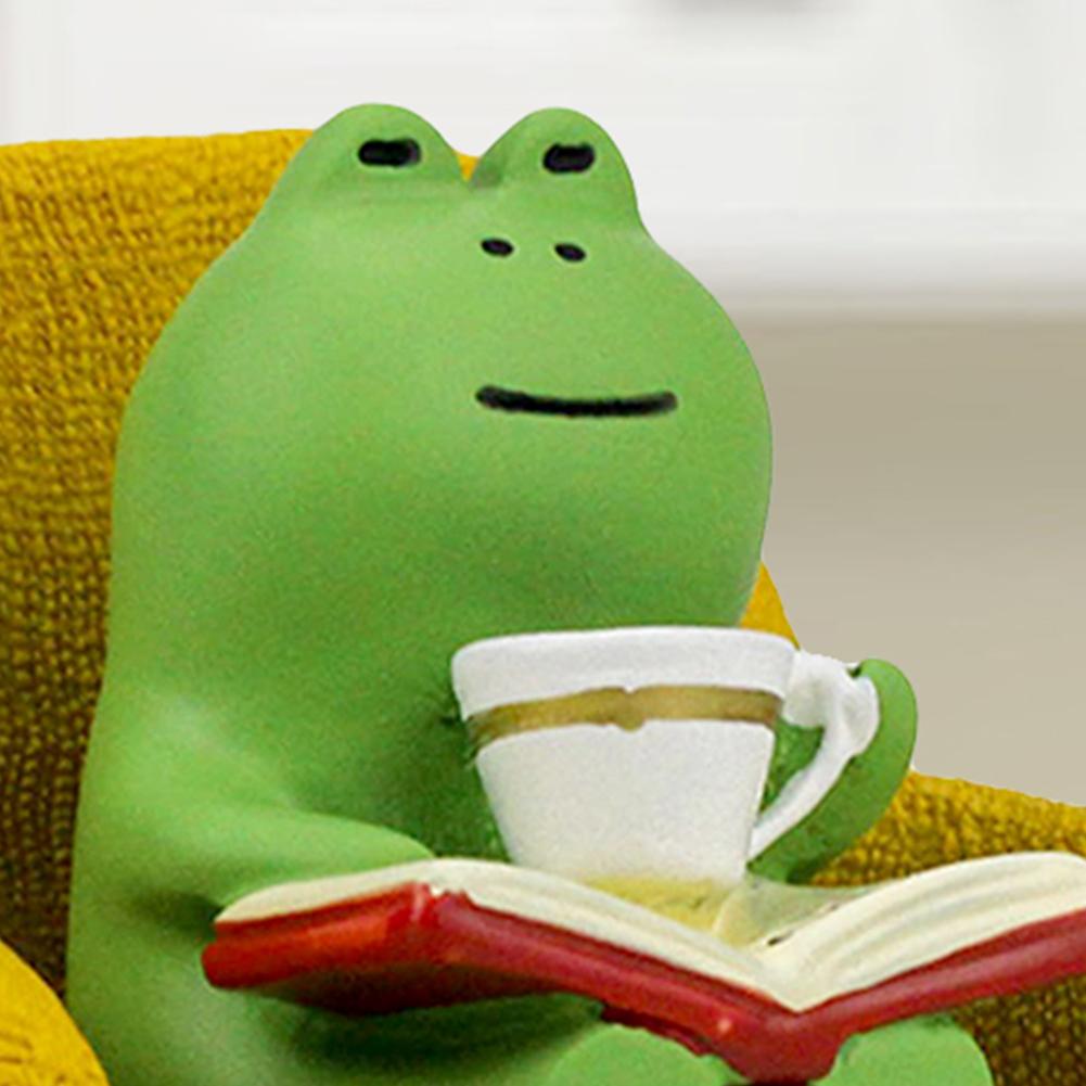 Cartoon Frog Animal Statue Resin Drinking Coffee Frog Micro Landscape Creative Funny Frog Reading Sculpture Gift for Frog Lovers