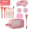 16 шт. розовый набор инструментов для макияжа для девочек, большая вместительная косметичка, набор кистей для ухода за кожей, бант-повязка на голову, большая маленькая кисть для румян