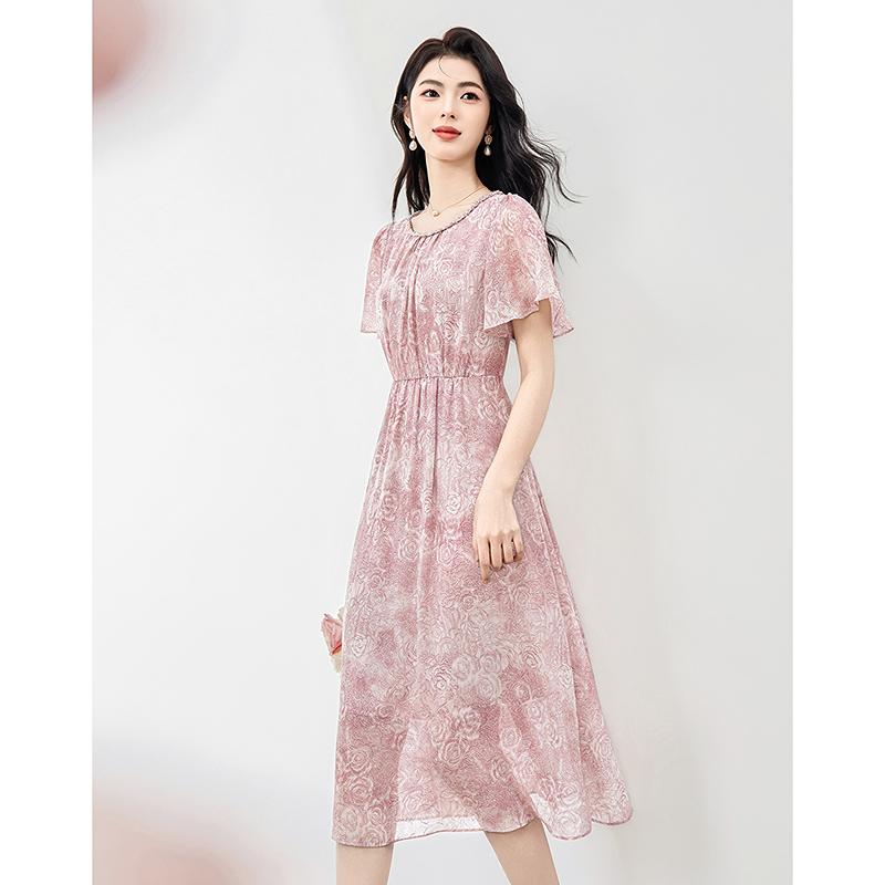 Fashionable flared sleeve printed chiffon dress